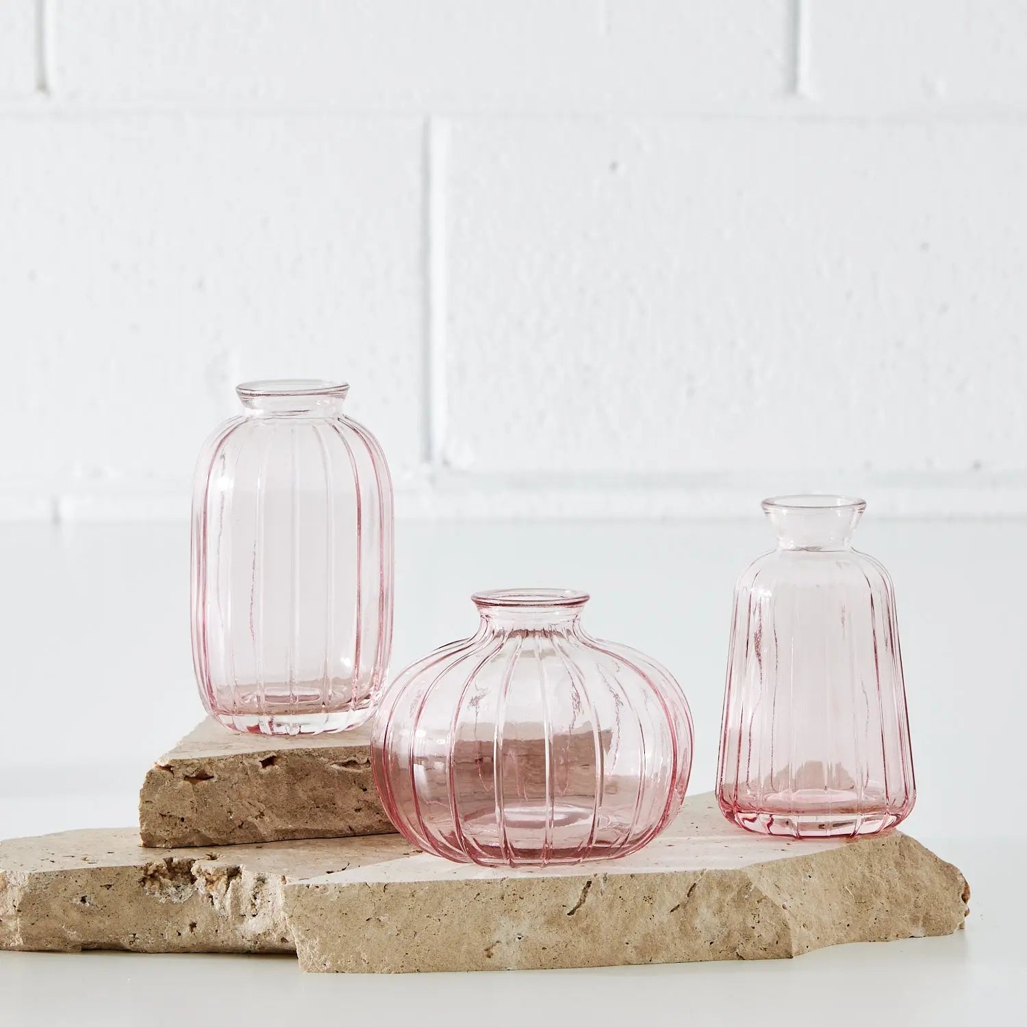 3 Piece Ribbed Glass Vase Set Pink Gift Set KAILE