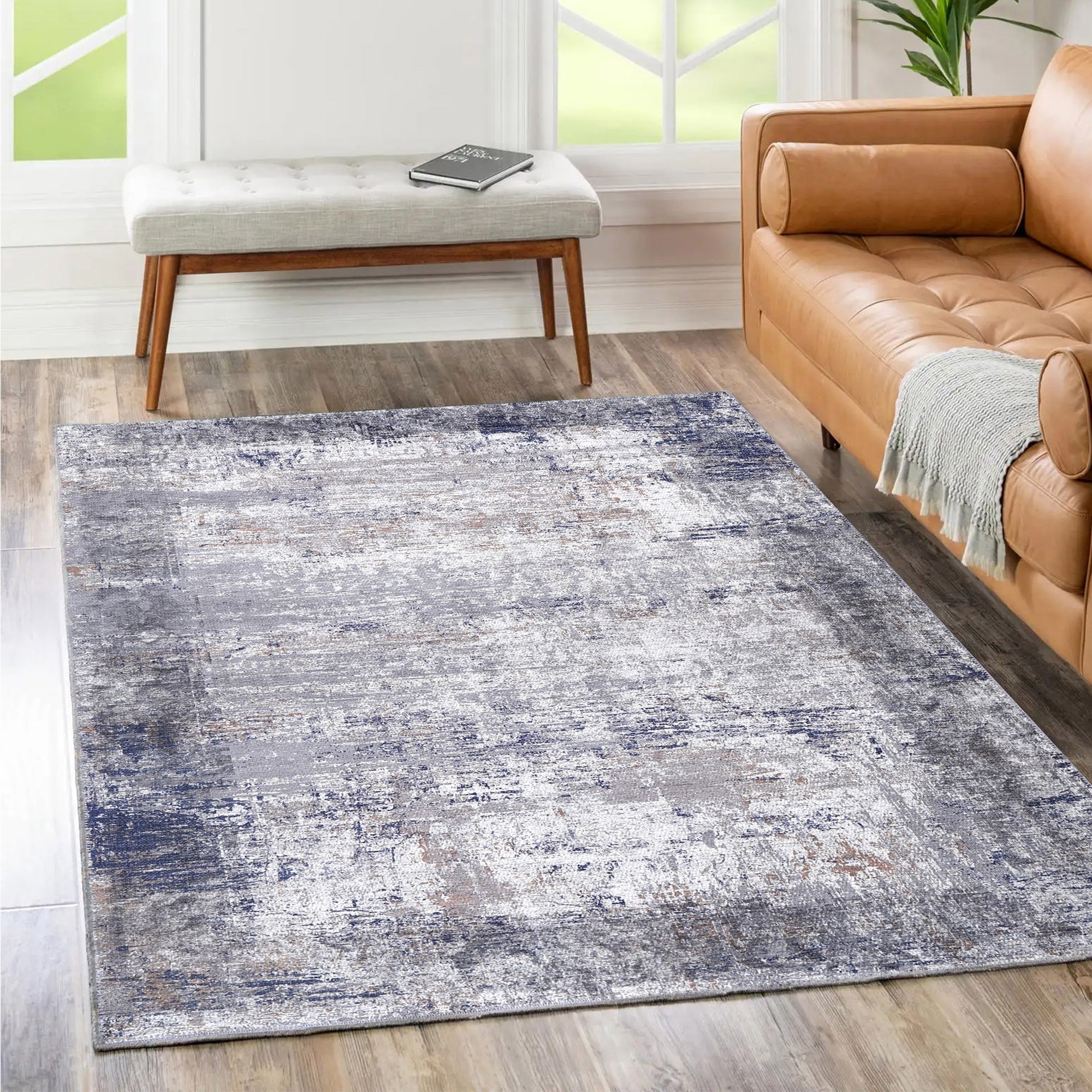 Dunedin Echo Blue Grey Abstract Washable Rug