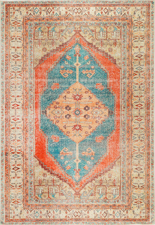 Taranaki Louvre Rustic Blue Distressed Vintage Washable Rug