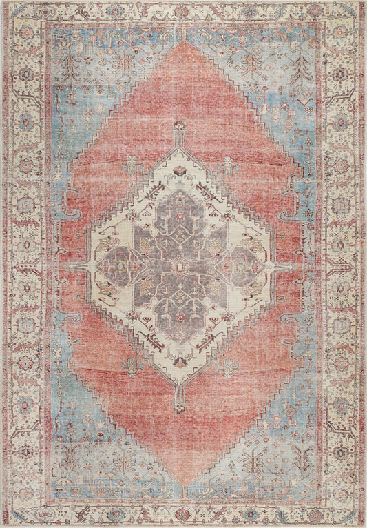 Nelson Belle Rust Blue Distressed Vintage Washable Rug