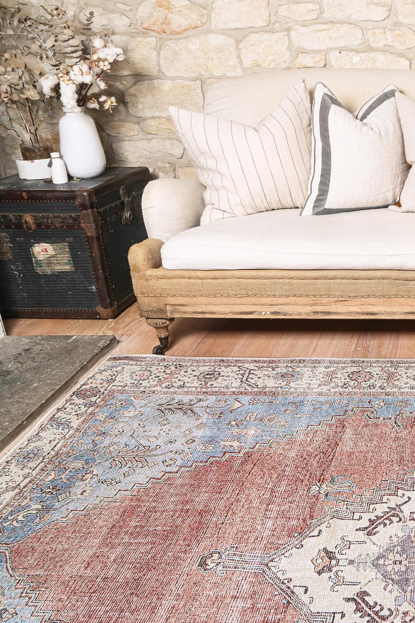 Nelson Belle Rust Blue Distressed Vintage Washable Rug