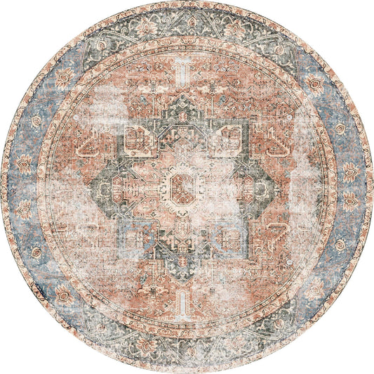 Matakana Cezanne Terracotta Blue Distressed Vintage Round Washable Rug