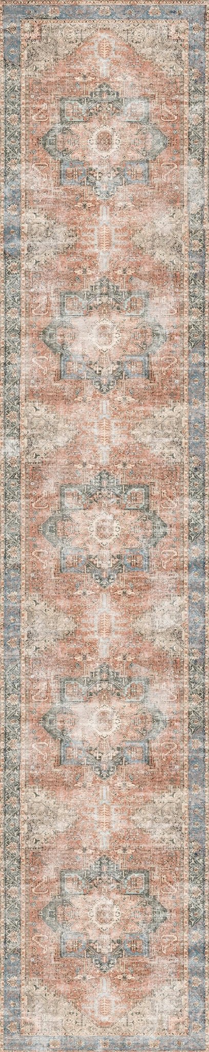 Matakana Cezanne Terracotta Blue Distressed Vintage Washable Rug