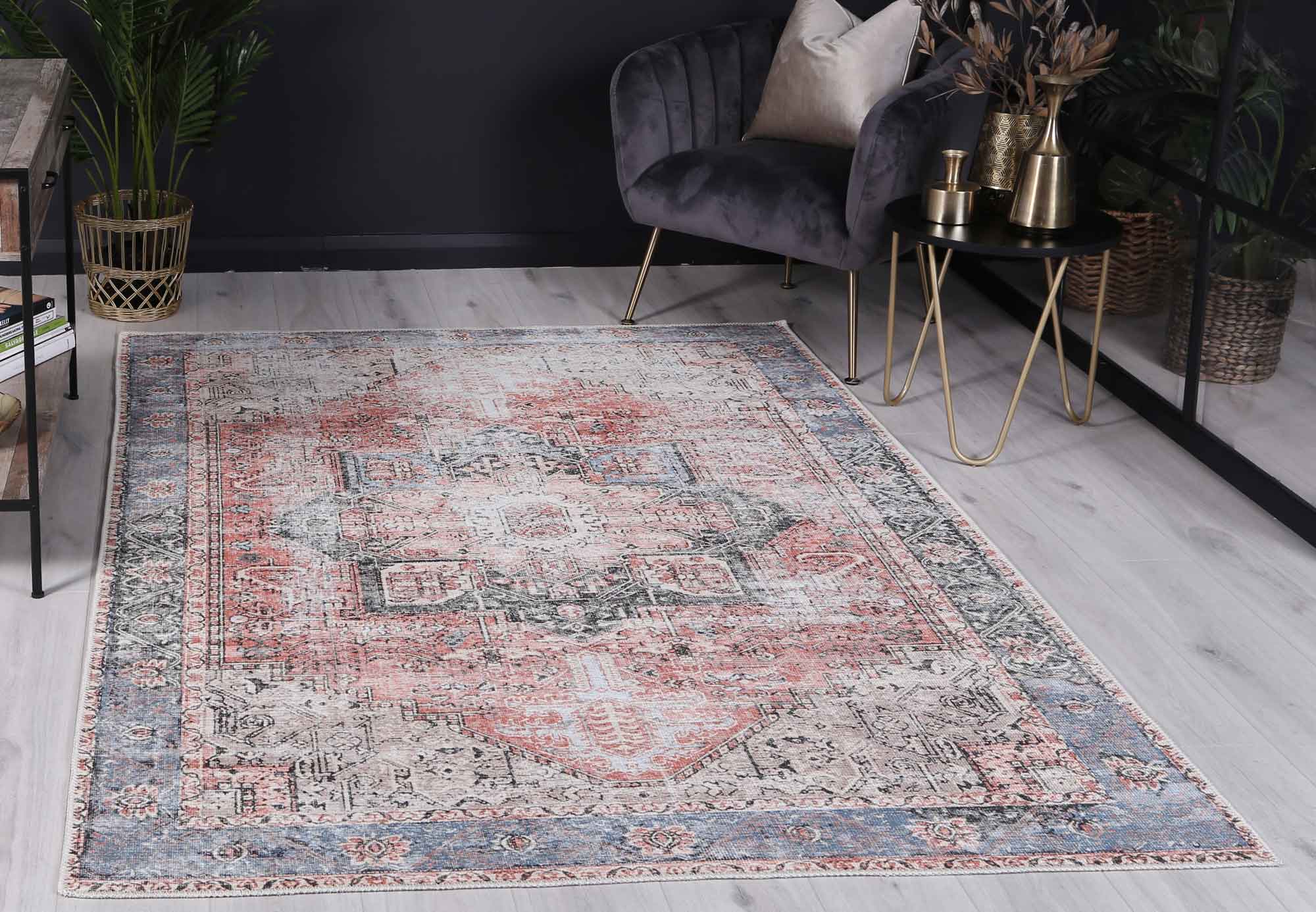 Matakana Cezanne Terracotta Blue Distressed Vintage Washable Rug