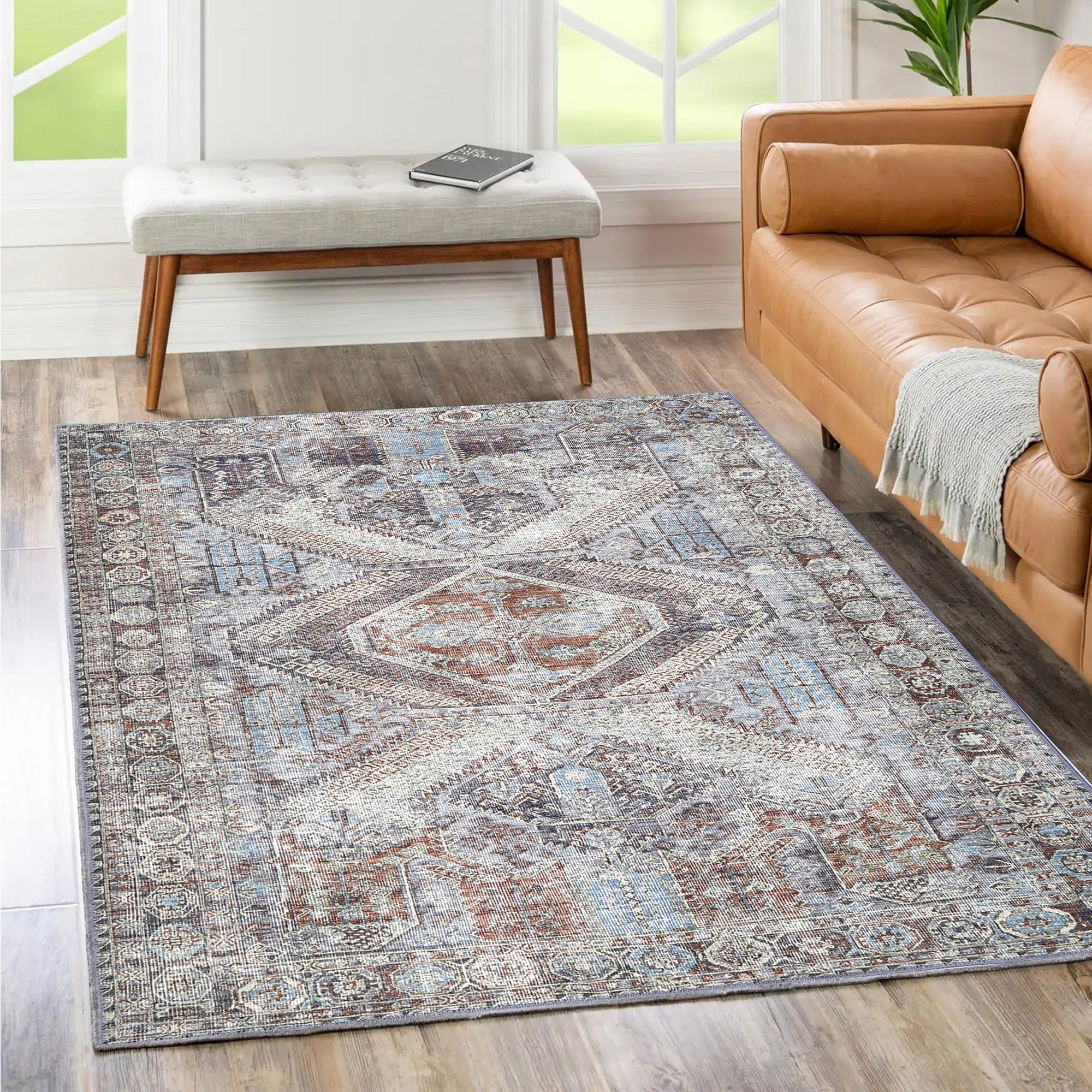 Taranaki Louvre Blue Machine Washable Rug