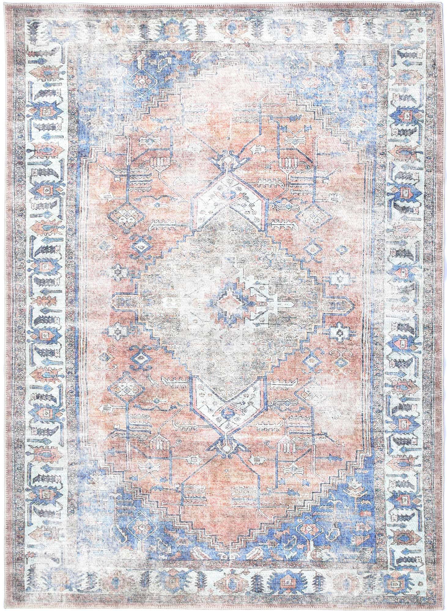 Kowhai Pissarro Terracotta Blue Machine Washable Rug