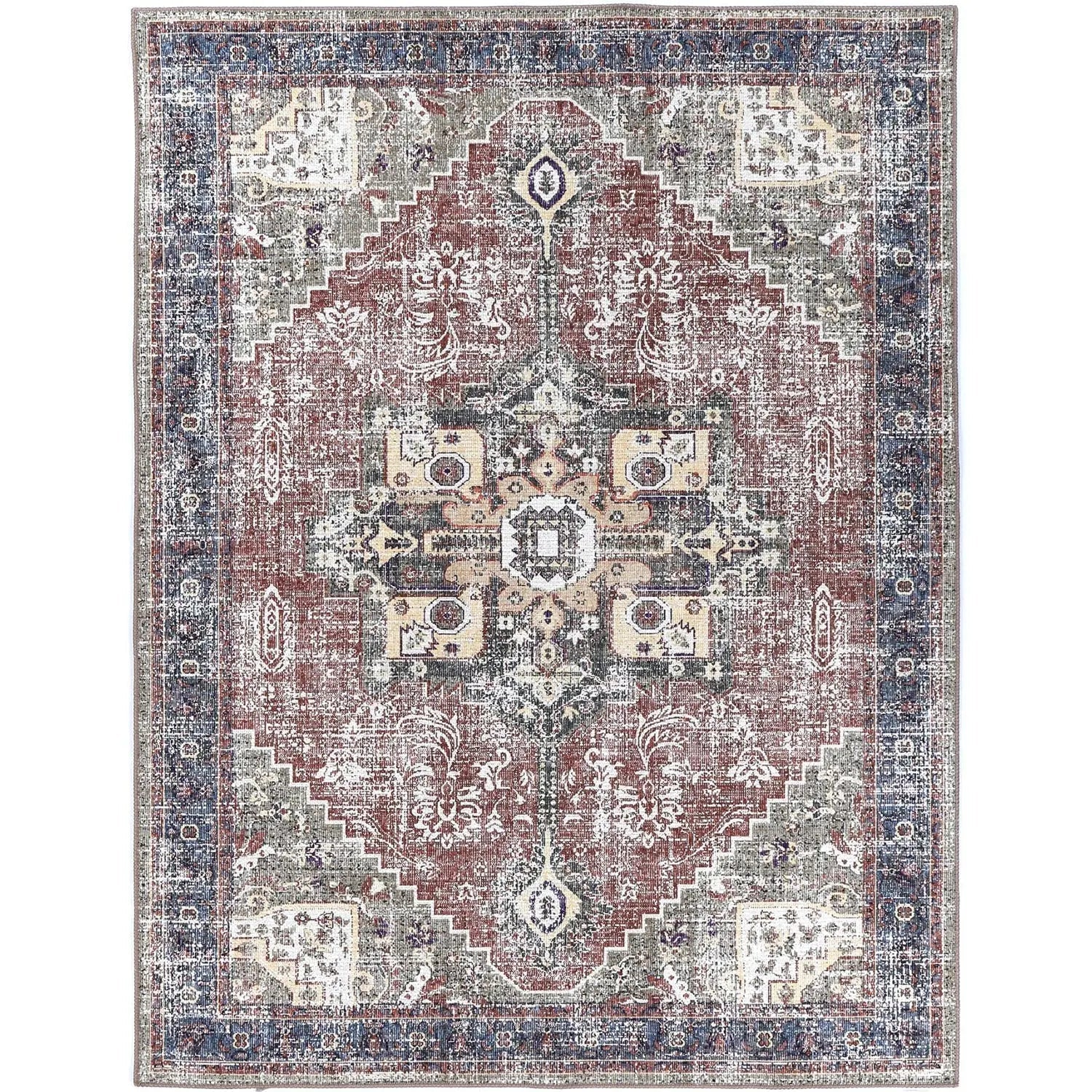 Piha Rajah Earth Red Indigo Distressed Vintage Washable Rug