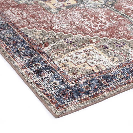 Piha Rajah Earth Red Indigo Distressed Vintage Washable Rug