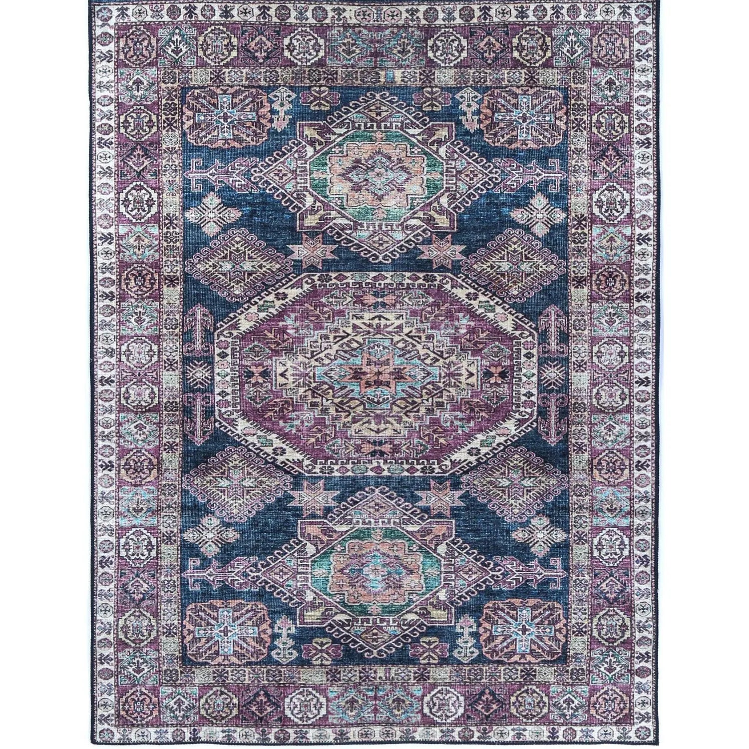 Piha Rajah Navy Purple Vintage Washable Rug